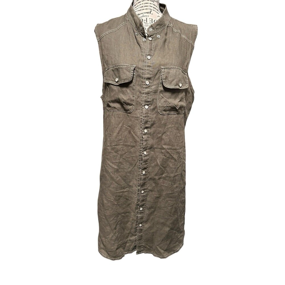 pete & greta Johnny Was Linen Pearl Snap Sleeveless Army Green Shirt Dress S